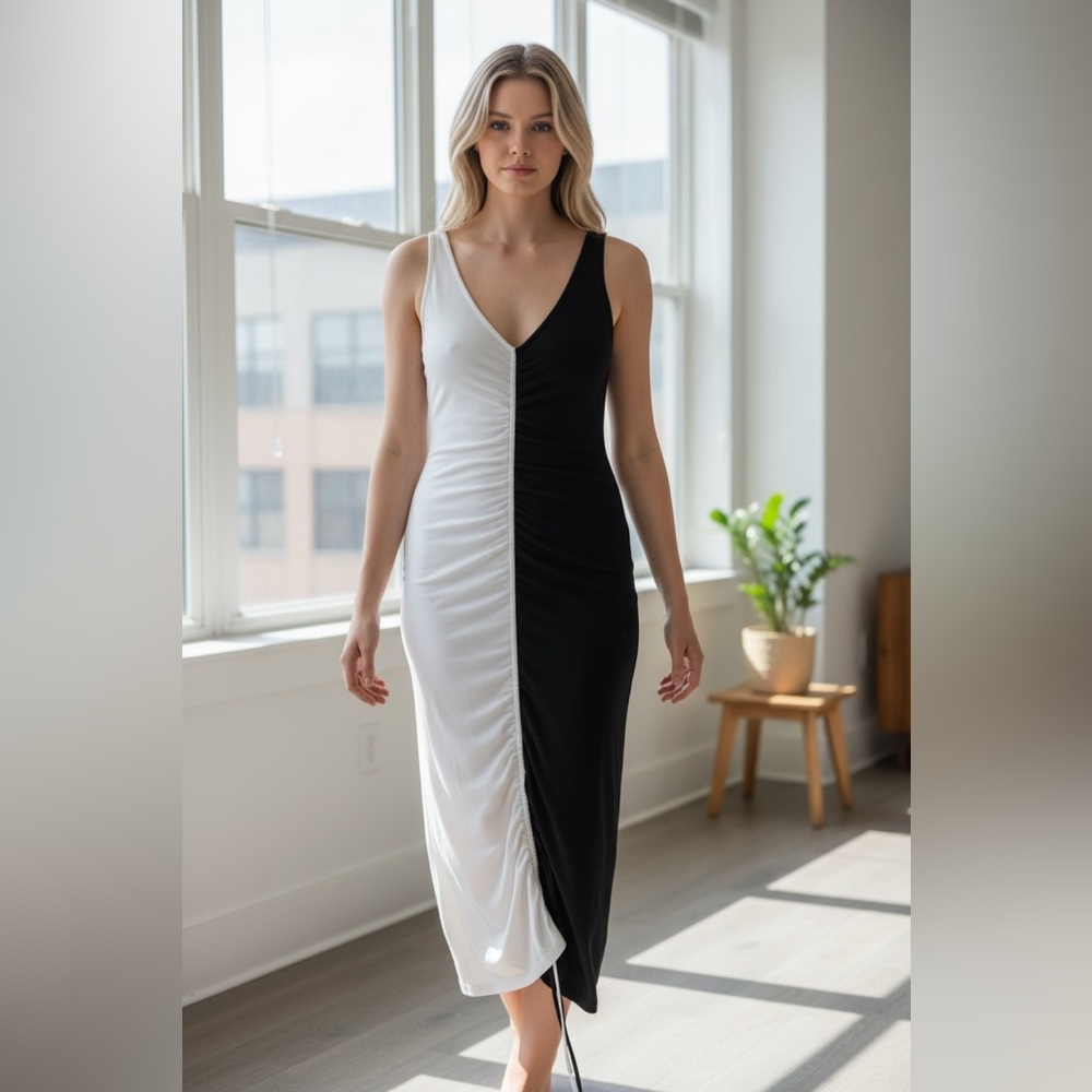 SOLID & STRIPED One Shoulder Black and White Dress